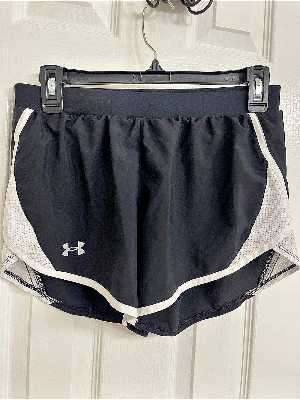 Under Armour Fly By Running Shorts Color Block Athletic Shorts in Black & White